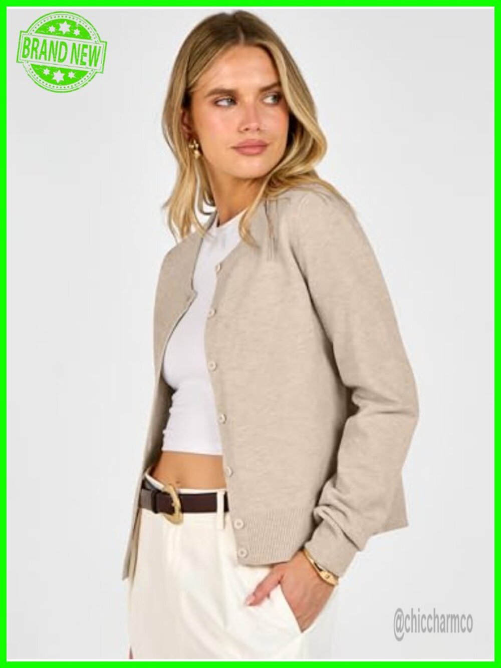 Women's Cardigan Sweater Cropped Knit Button Front Regular Fit Long Sleeve - Picture 3 of 6